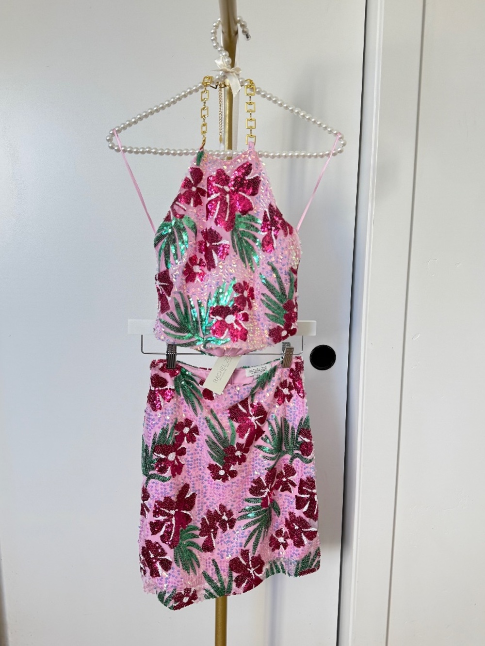 NWT Rachel Zoe Pink Sequin Floral halter neck top  + skirt set – XS
